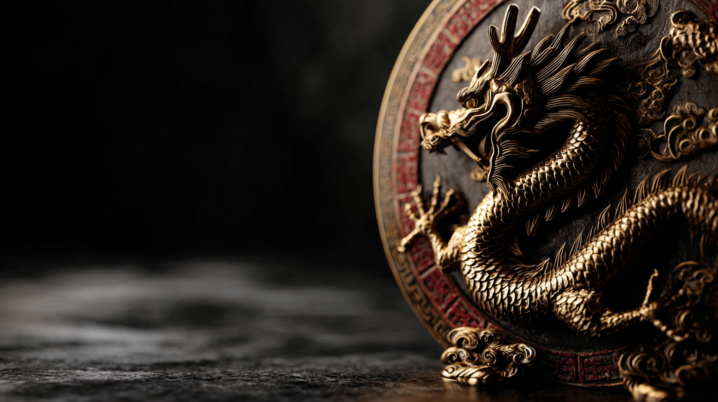 Golden dragon medallion on dark stone